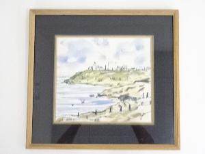 稲川庫太郎筆　「納沙布岬」水彩　肉筆色紙額装